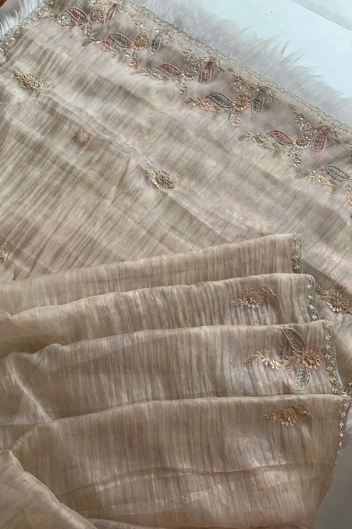 Beige Embellished Crush Organza Saree 5850 11