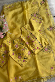 Lemon Organza Saree with Cutdana & Zardosi Work- Pre Stitched Designer Blouse 5359 15 (PRE ORDER)
