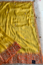 Yellow Habutai Silk Saree with Orange Border