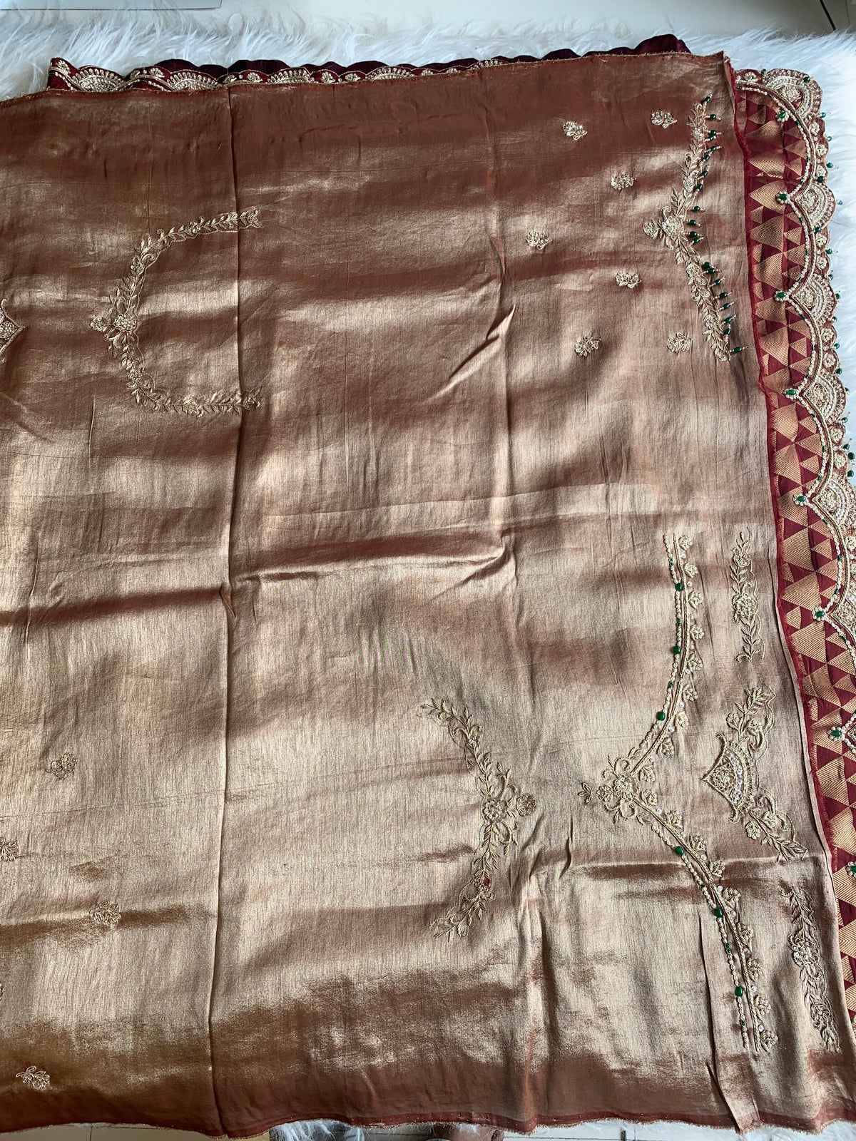 Maroon Tissue Saree with Gold Weaving & Zardosi Work 5895 09 (PRE ORDER)