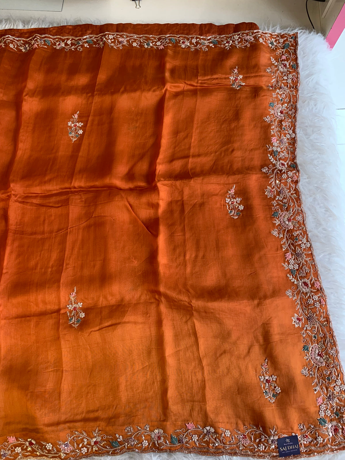 Orange Organza Saree with Zardosi, Aari, Beads & Sequin 5895 22