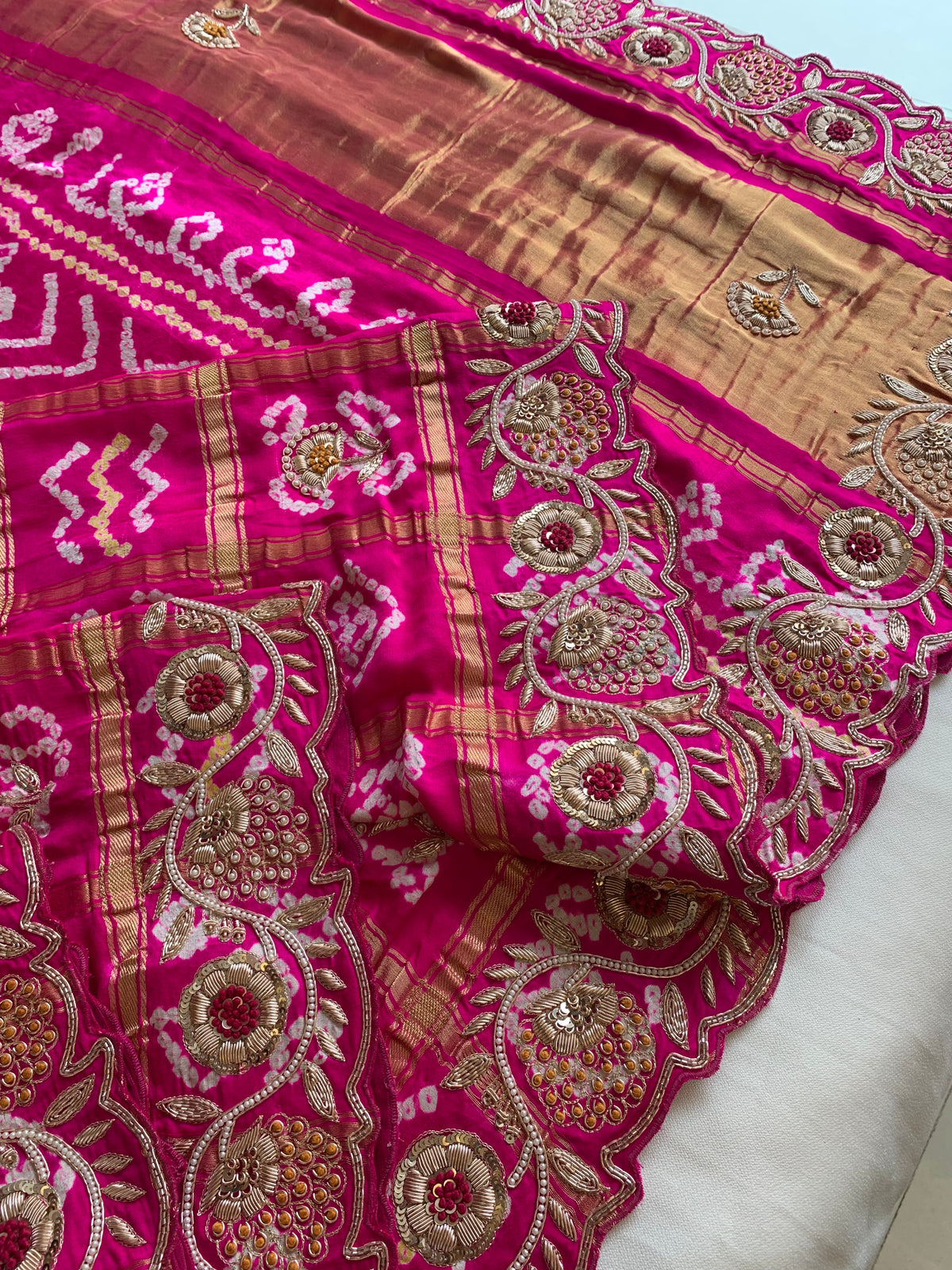 Pink Bandhej Gaji Silk Saree with Gharchola & Zardozi Work (PRE ORDER)