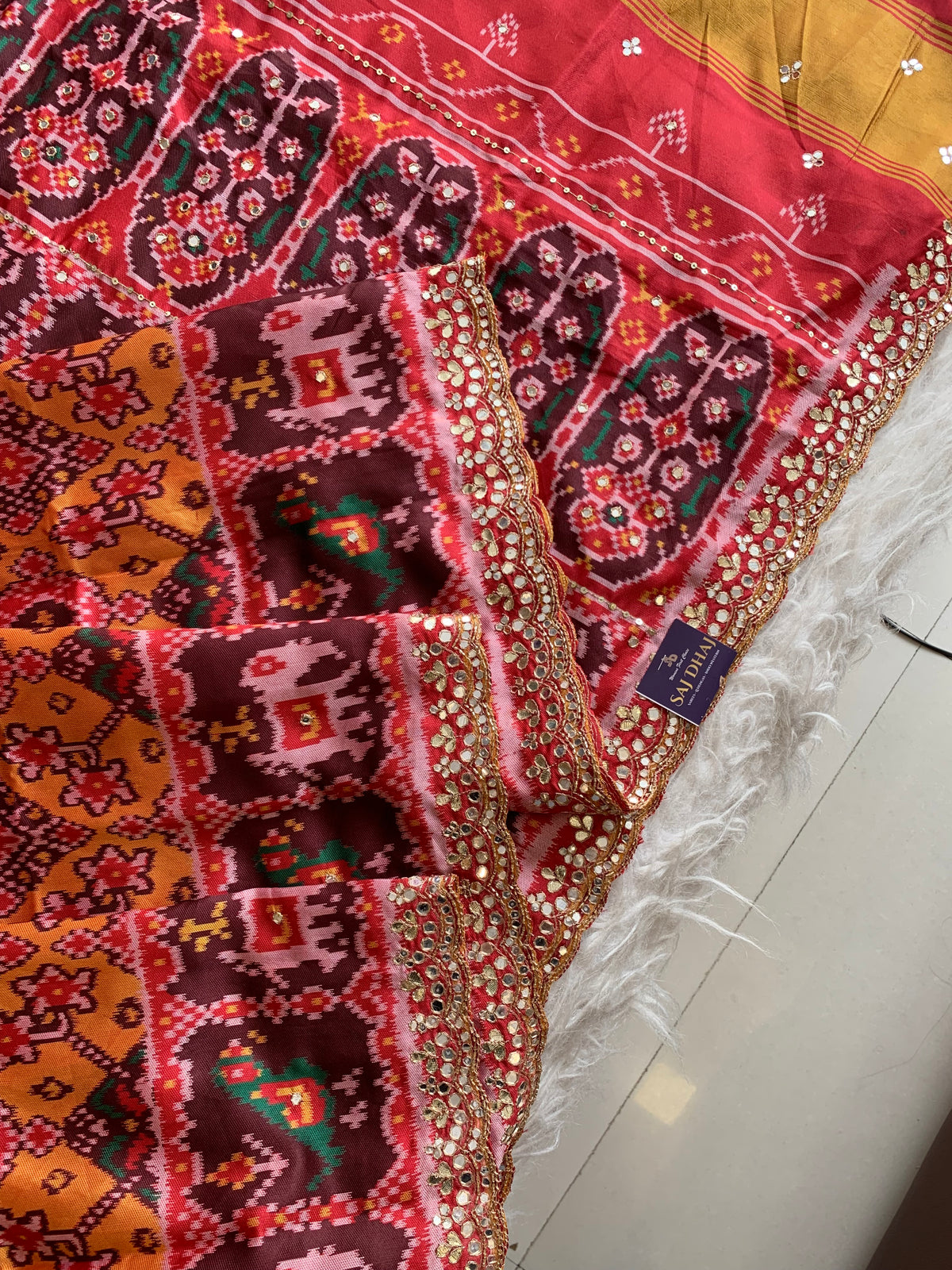 Red & Brown Patola Silk Saree with Animal Motifs  5932 02