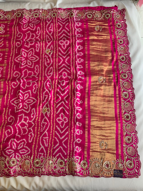 Pink Bandhej Gaji Silk Saree with Gharchola & Zardozi Work (PRE ORDER)