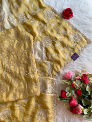 Ivory & Yellow Tissue Saree with Appliqué Work, Pearl & Sequin Scallop Border 5895 05