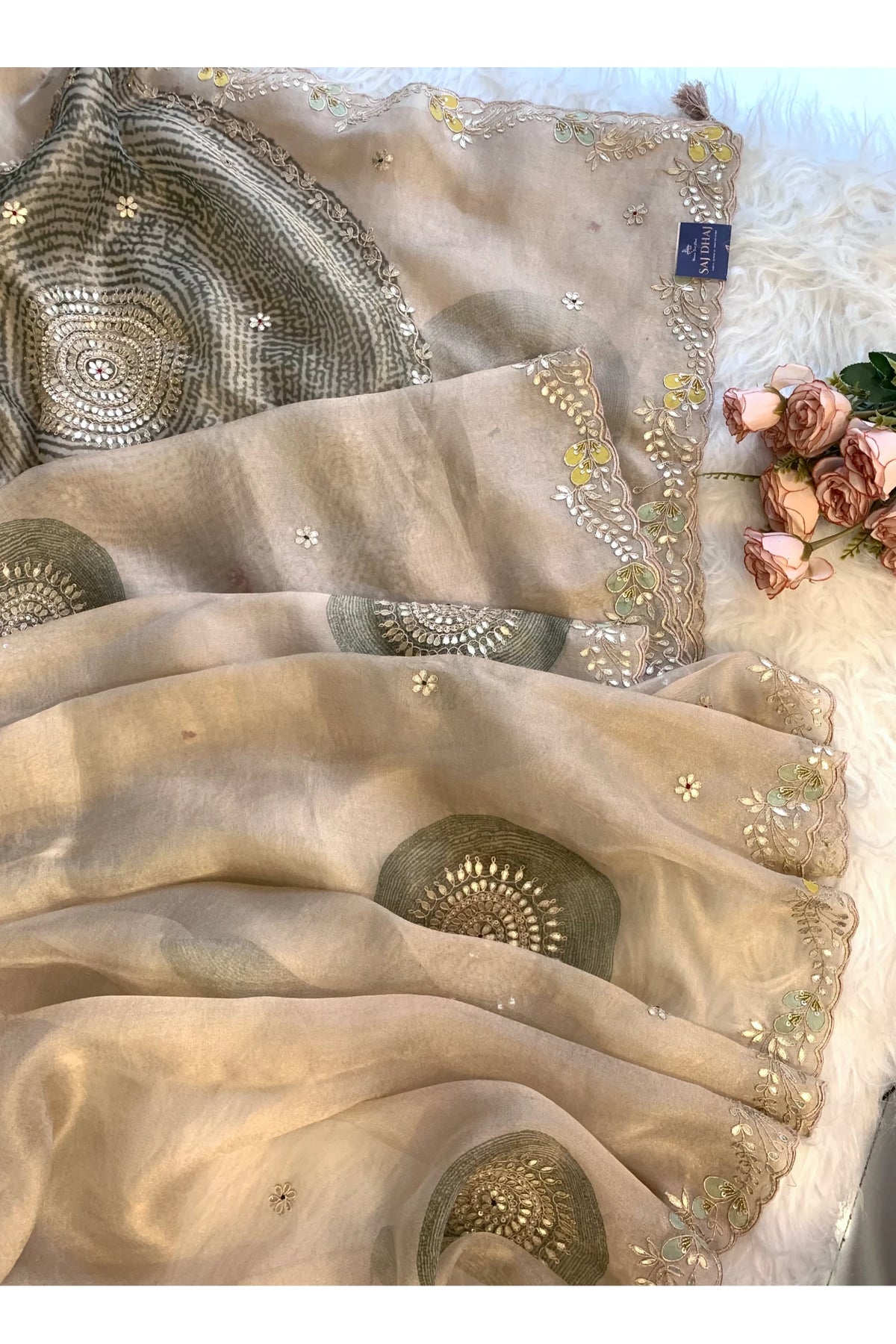 Gota Patti Organza Saree with Tie Dye Effect (beige+Green) 5838 01