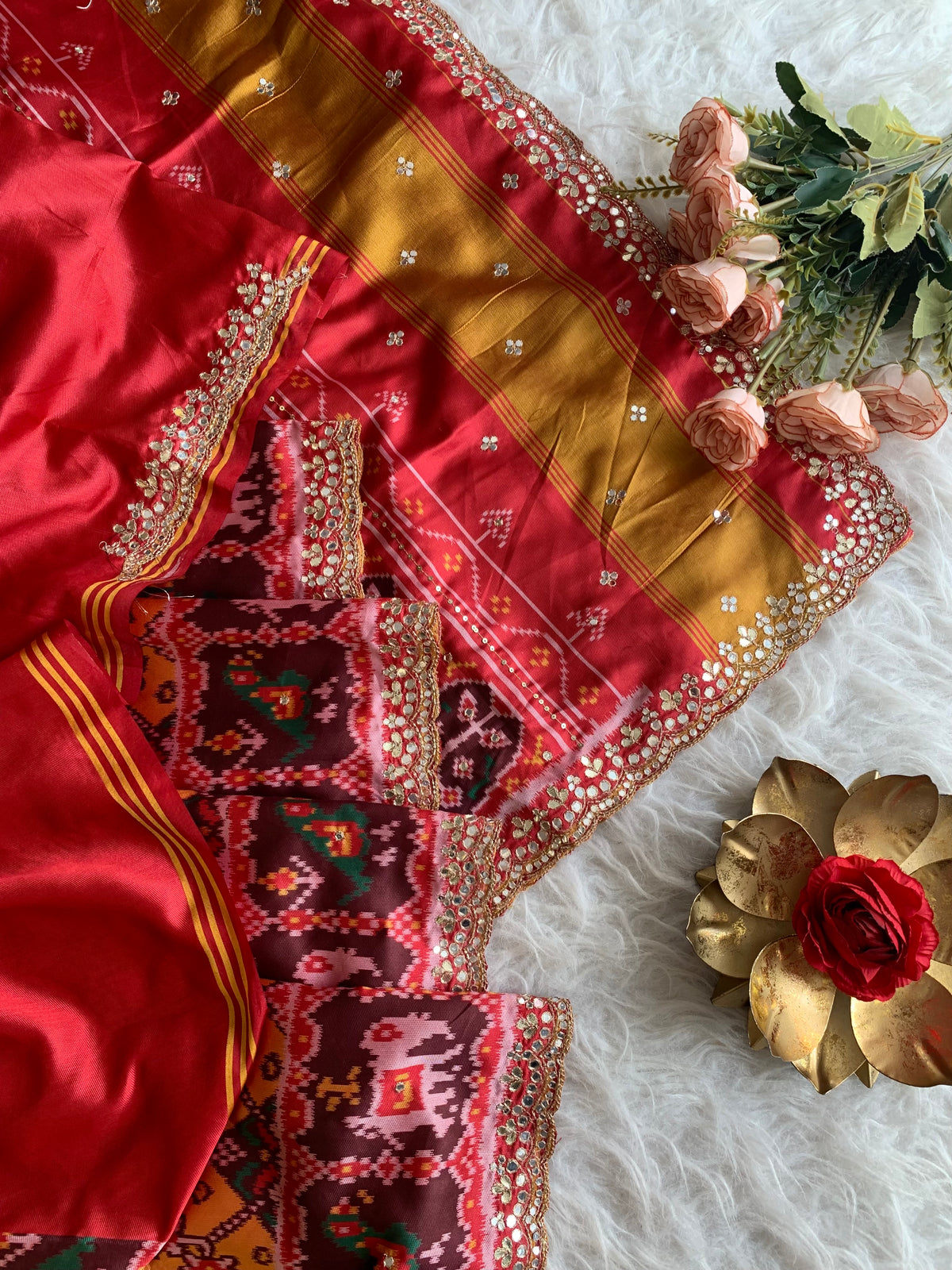 Red & Brown Patola Silk Saree with Animal Motifs  5932 02