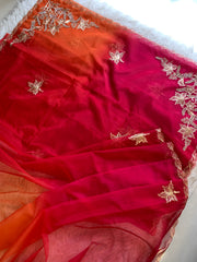 Pink, Red & Orange Organza Saree with Aari Leaf Border 5902 13