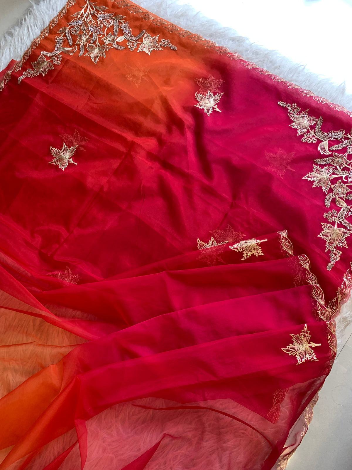 Pink, Red & Orange Organza Saree with Aari Leaf Border 5902 13