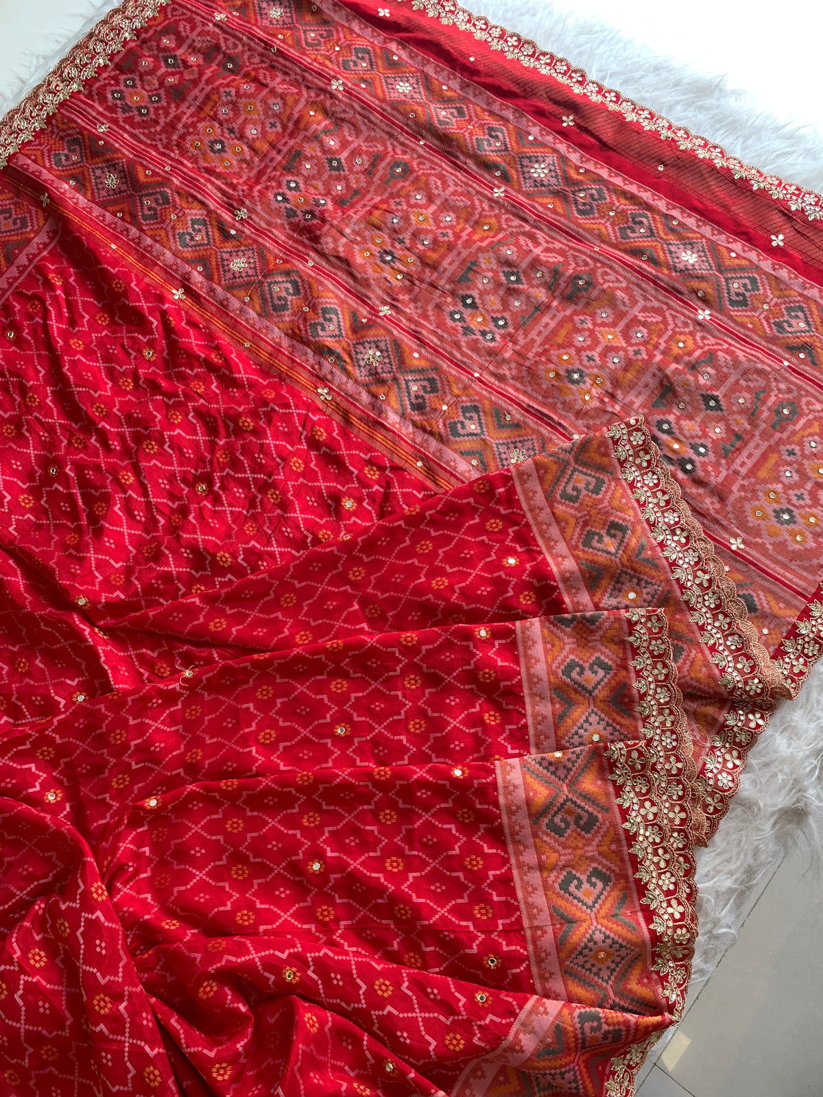 Red Patola Silk Saree with Aari, Gota, Mirror & Cutdana Work 5939 01