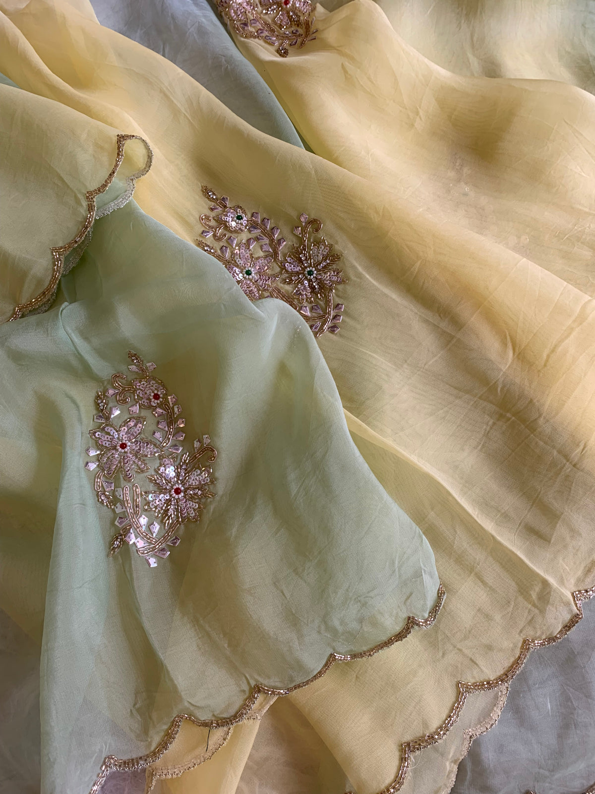 Yellow & Green Kora Silk Saree with Zardosi & Sequin Work 5919 07