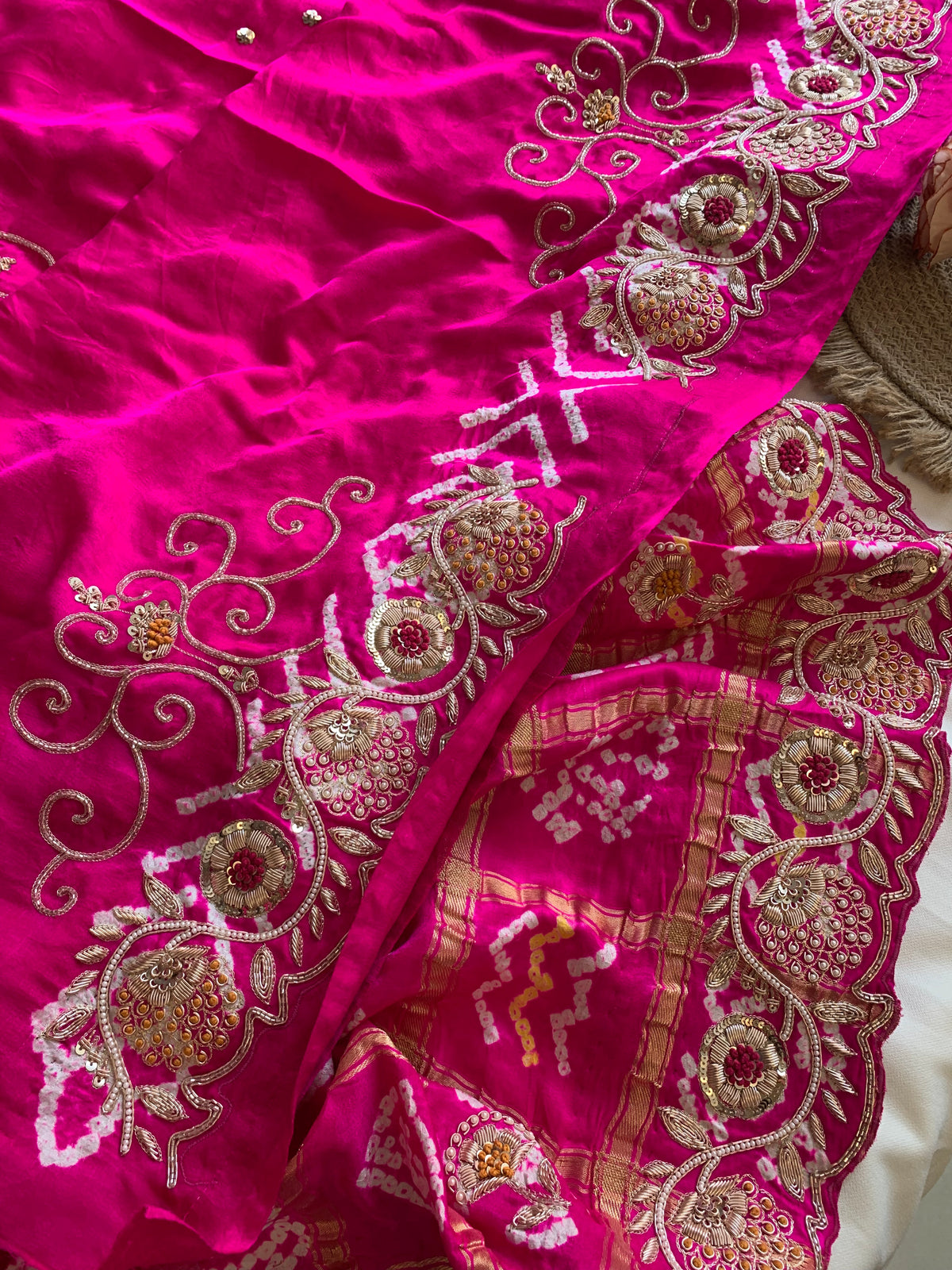 Pink Bandhej Gaji Silk Saree with Gharchola & Zardozi Work (PRE ORDER)