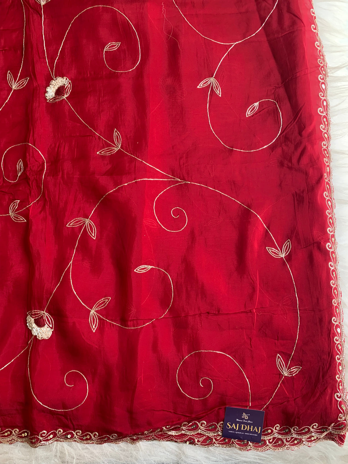 Blood Red Habutai Silk Saree with All-Over Jaal Embroidery 5902 01