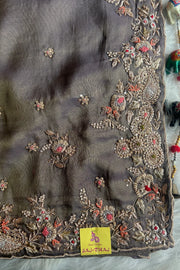 "Grey Zardosi Saree with Heavy Border & Intricate Embroidery"