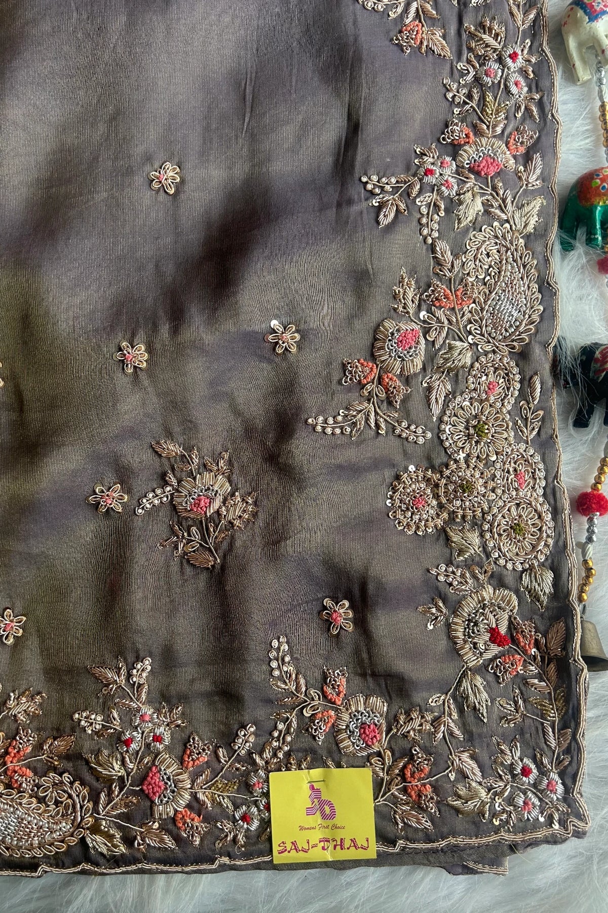 "Grey Zardosi Saree with Heavy Border & Intricate Embroidery"
