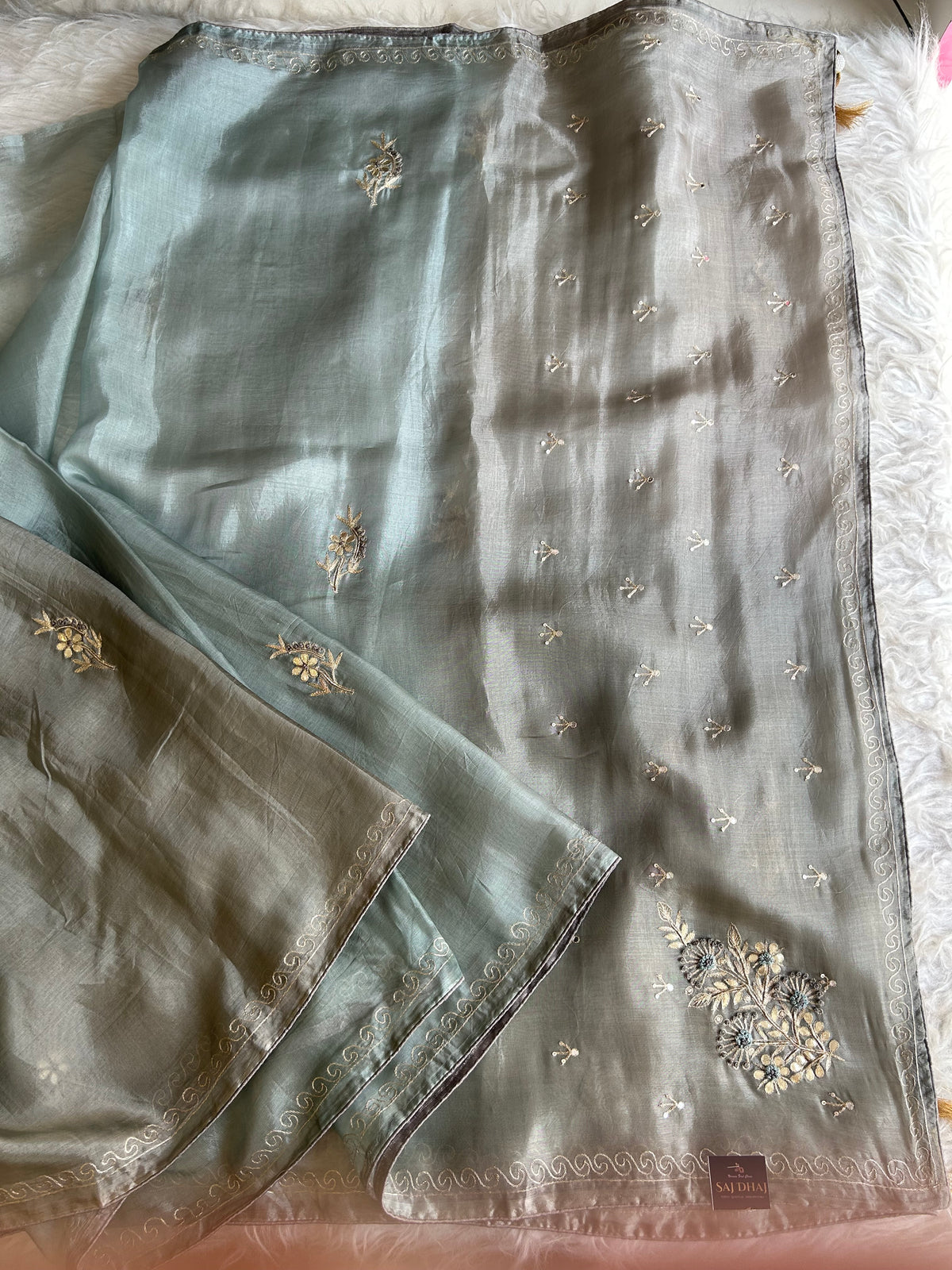 Blue & Grey Shaded Kora Silk Saree 5919 09