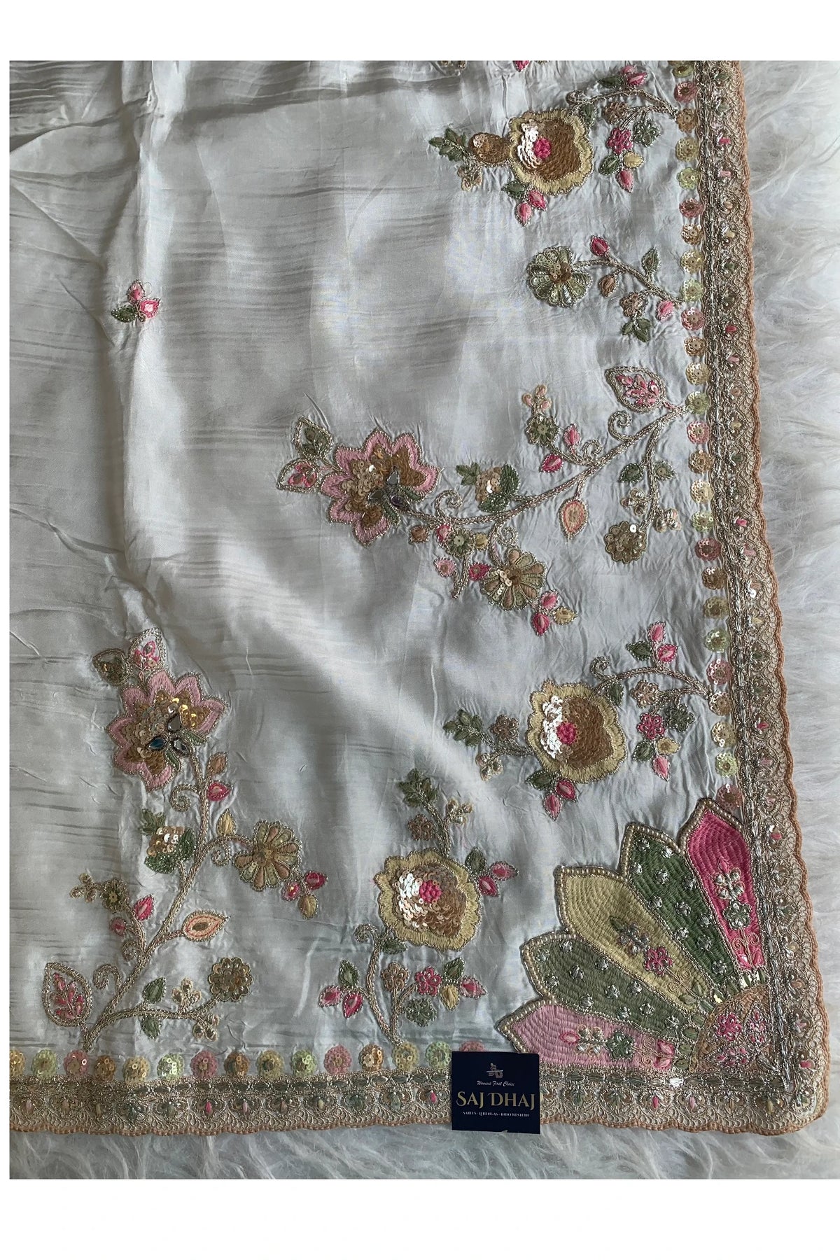 White Saree with Multicolour Embroidery 5786 01