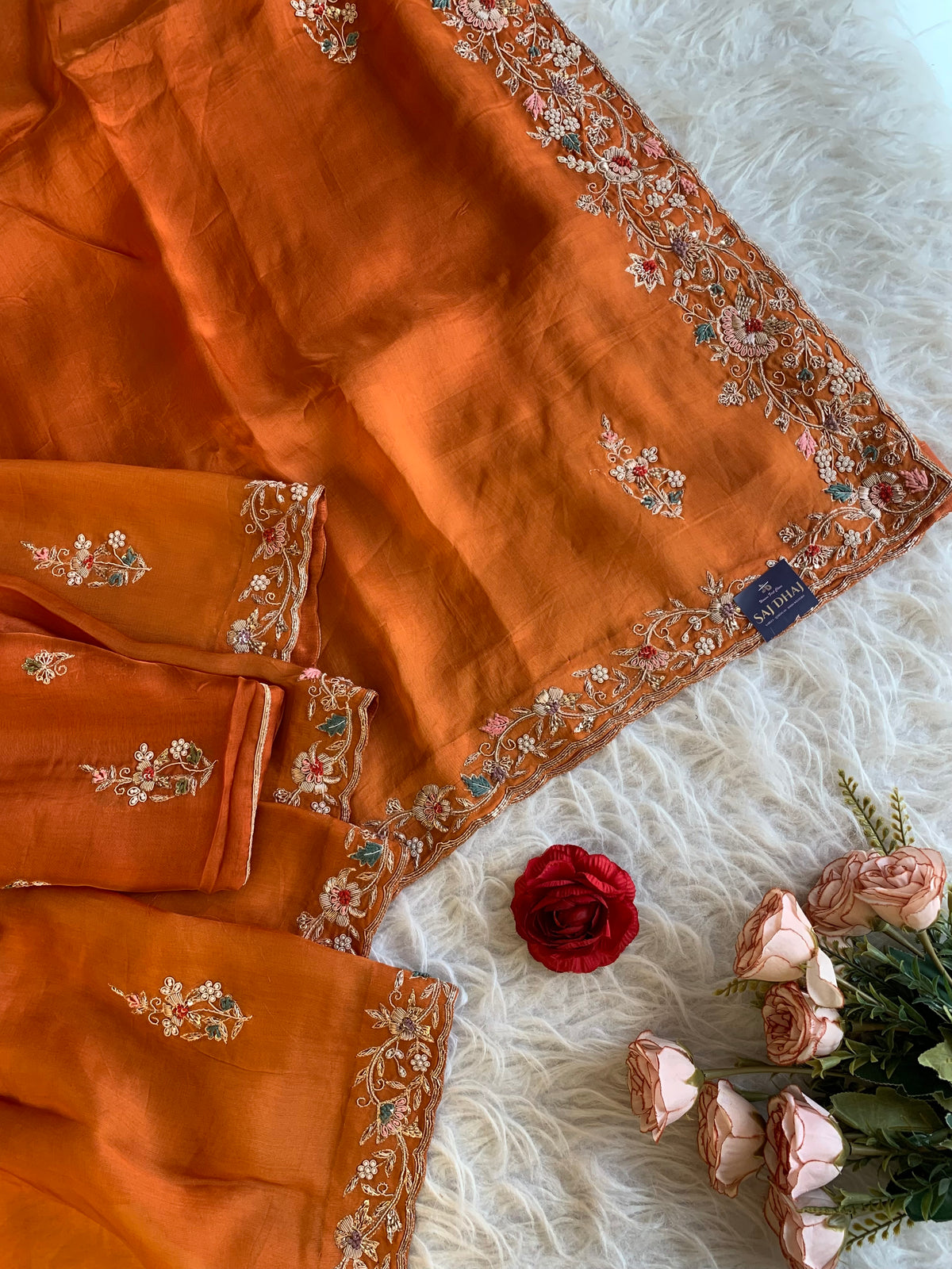 Orange Organza Saree with Zardosi, Aari, Beads & Sequin 5895 22