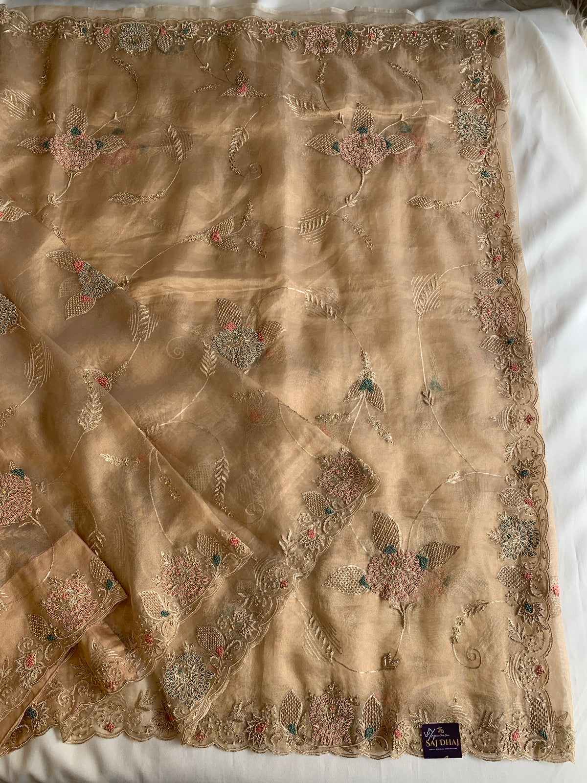 Beige Tissue Saree with All-Over Zardozi, Sequin & French Knot Work 5914 04 (PRE ORDER)