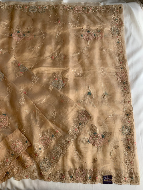 Beige Tissue Saree with All-Over Zardozi, Sequin & French Knot Work 5914 04 (PRE ORDER)