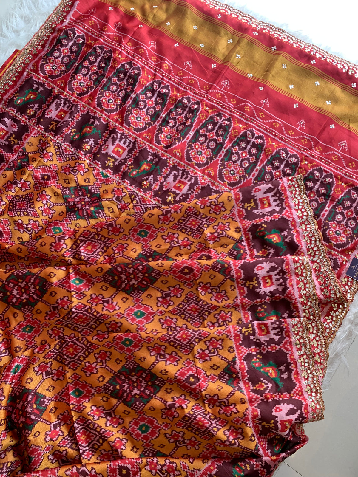 Red & Brown Patola Silk Saree with Animal Motifs  5932 02