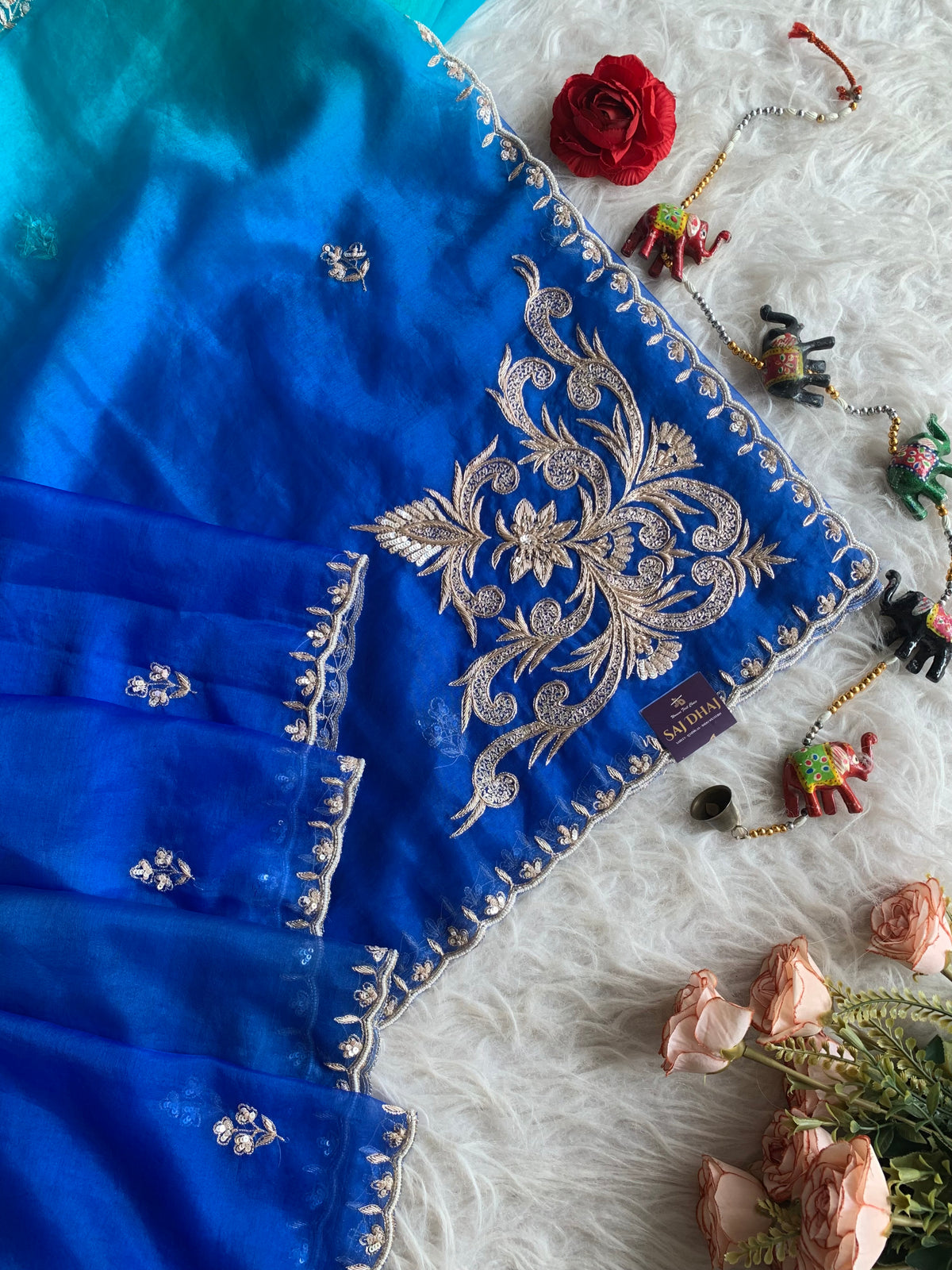 Blue Shaded Organza Saree with Aari, Zardosi, Pearl & Cutdana 5904 07