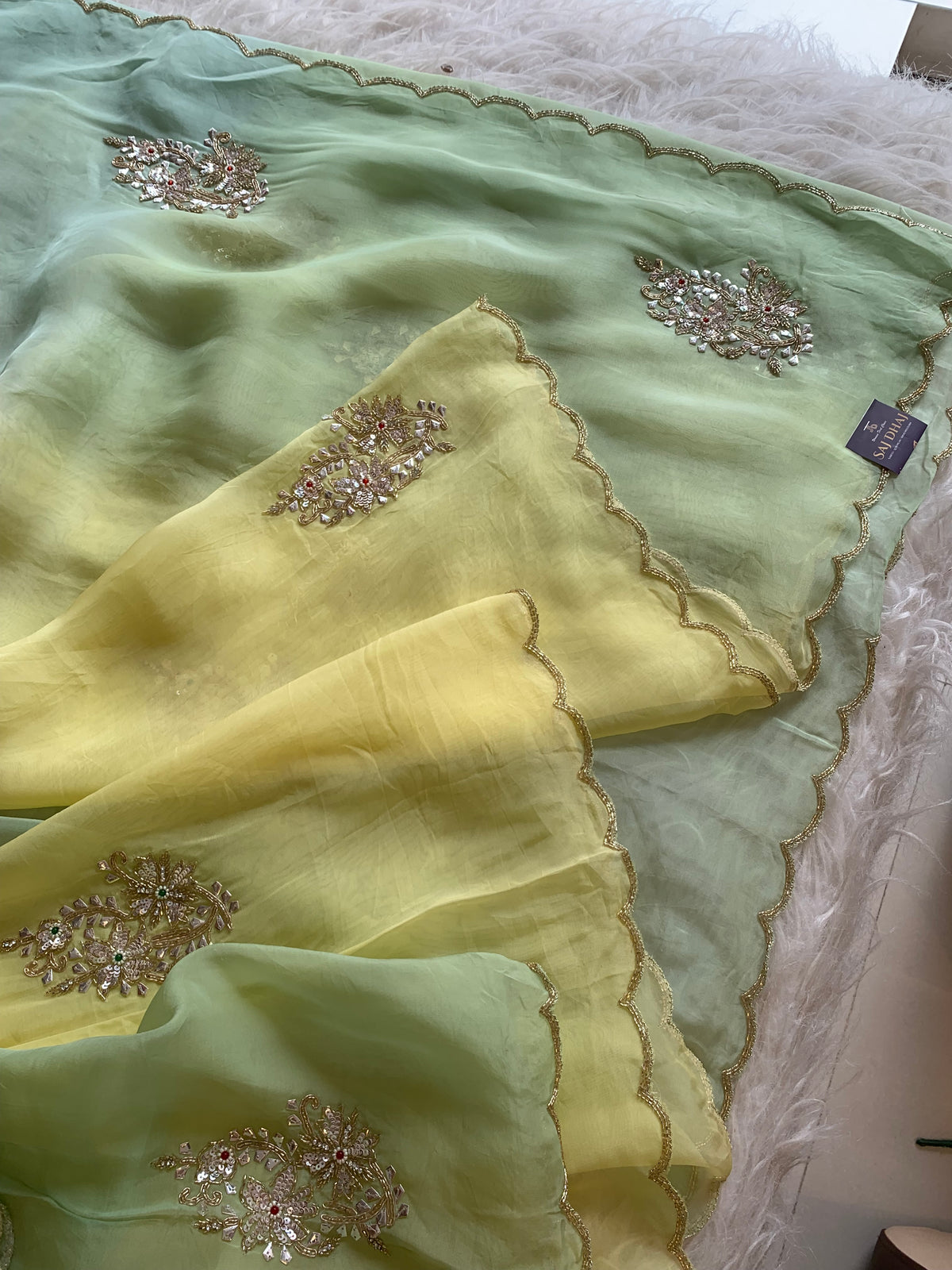 Yellow & Green Kora Silk Saree with Zardosi & Sequin Work 5919 07