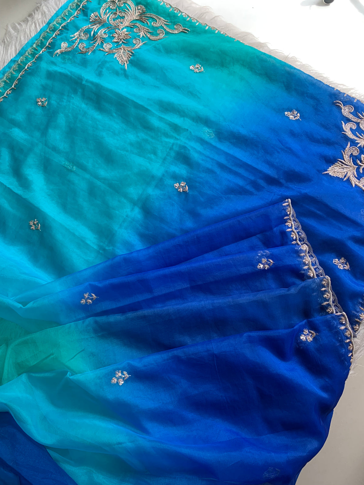 Blue Shaded Organza Saree with Aari, Zardosi, Pearl & Cutdana 5904 07
