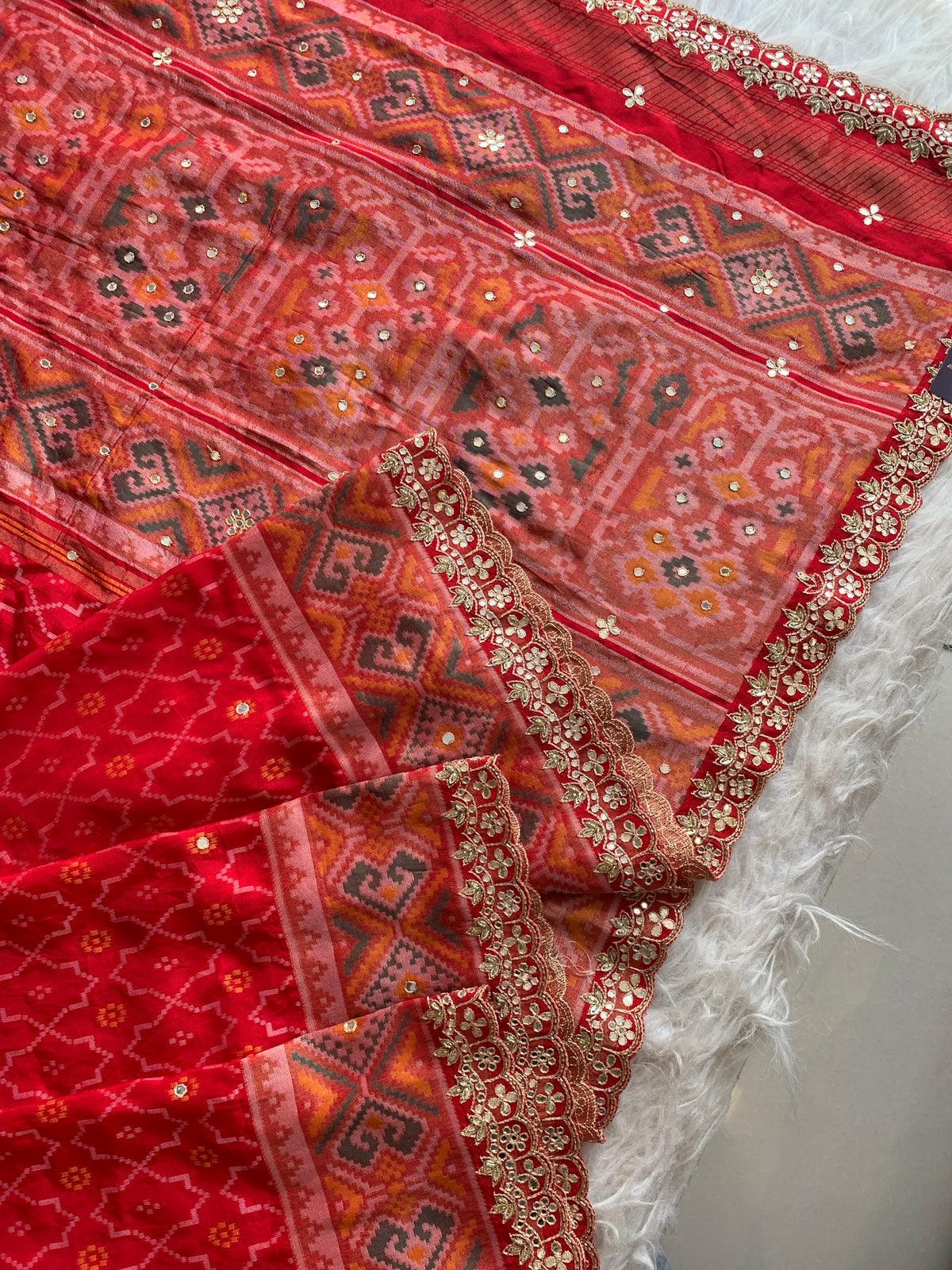 Red Patola Silk Saree with Aari, Gota, Mirror & Cutdana Work 5939 01