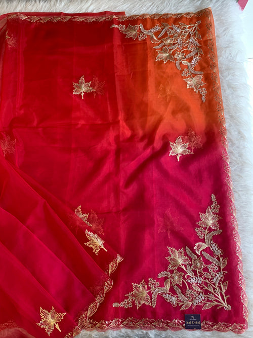 Pink, Red & Orange Organza Saree with Aari Leaf Border 5902 13
