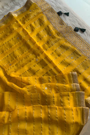 Yellow Banarasi Silk Saree with Green Ajrakh Blouse 5272 09