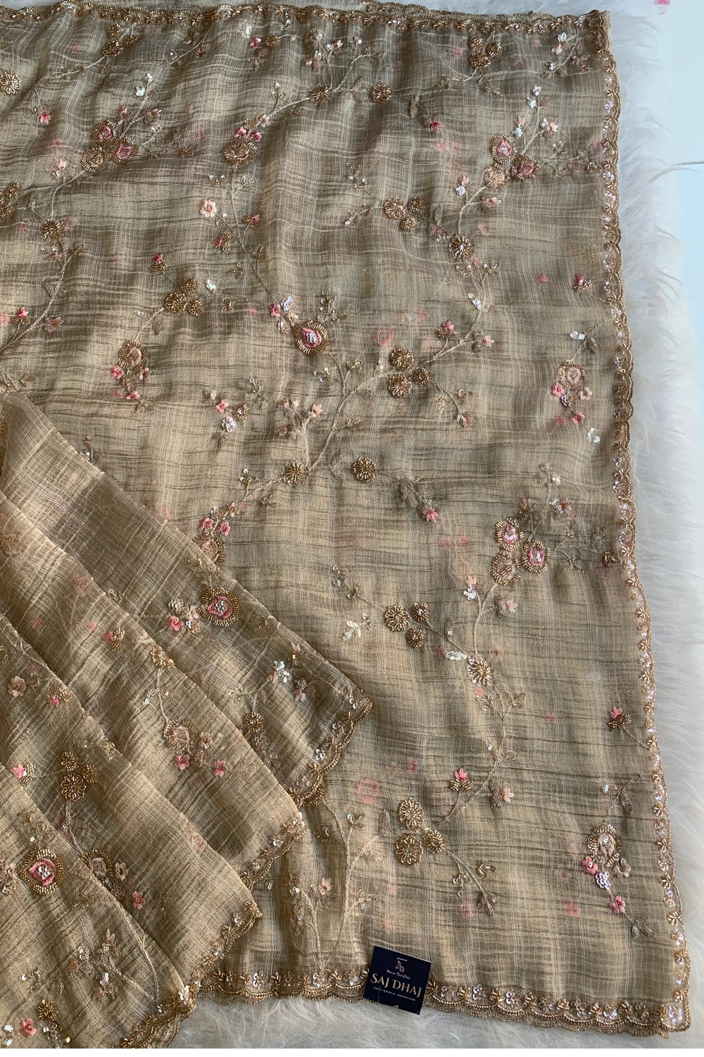 Beige Floral Embellished Tissue Saree 5841 03