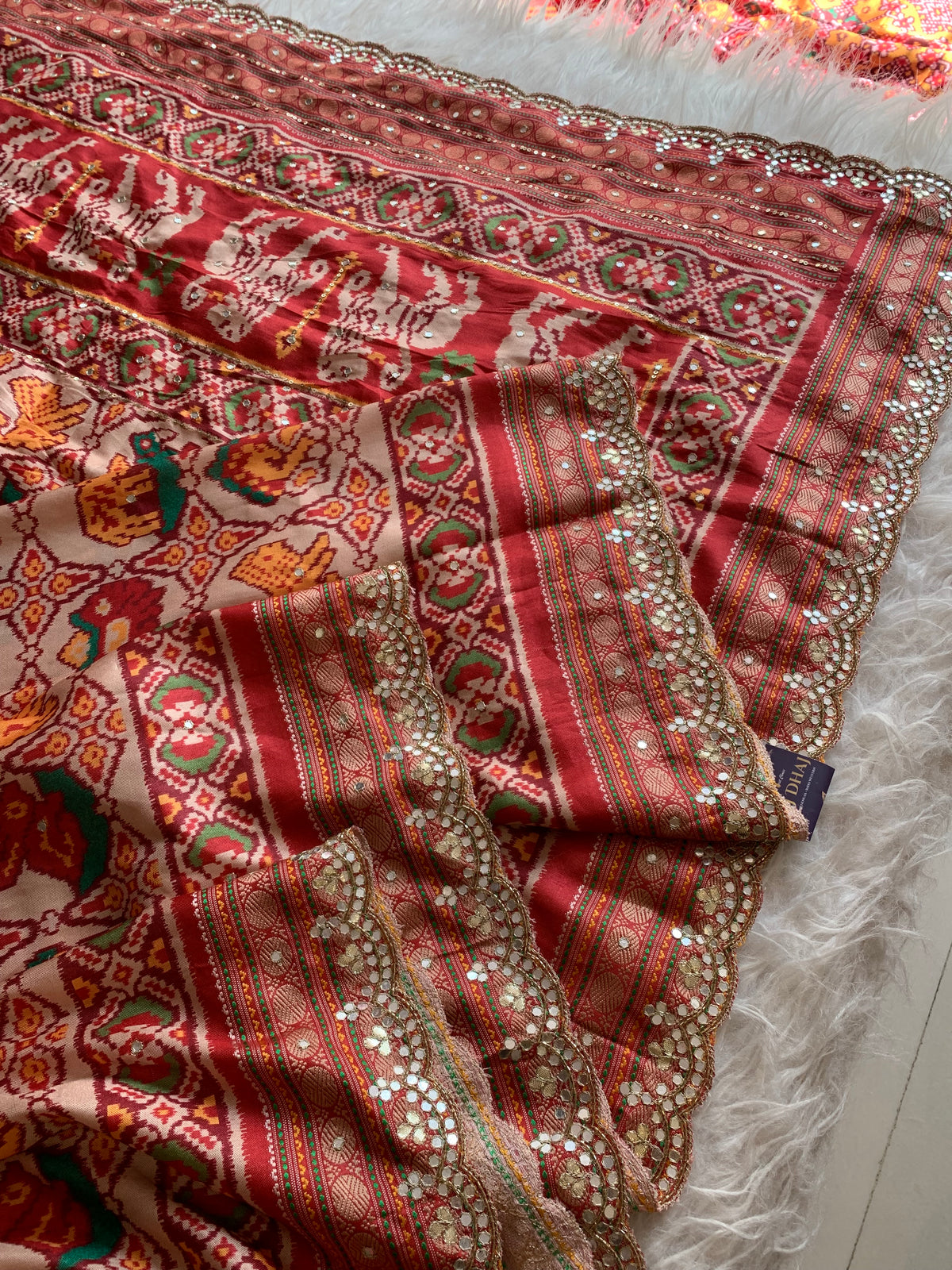 Red Patola Silk Saree with Animal Motifs & Mirror Work 5932 01