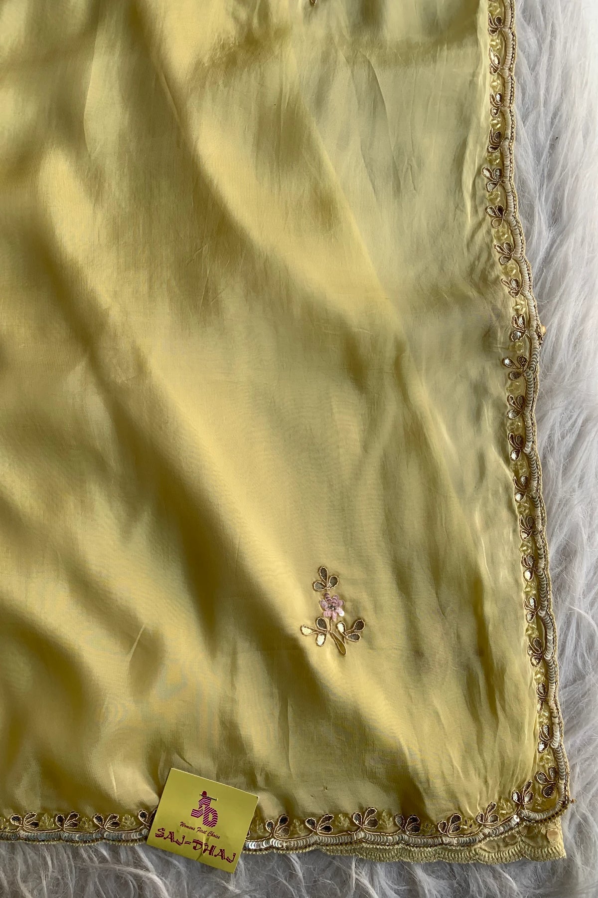 Lemon Yellow Embellished Habutai Silk Saree 4854 02