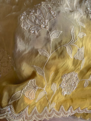 Ivory & Yellow Tissue Saree with Appliqué Work, Pearl & Sequin Scallop Border 5895 05