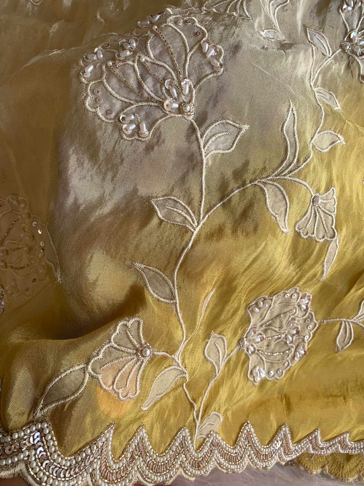 Ivory & Yellow Tissue Saree with Appliqué Work, Pearl & Sequin Scallop Border 5895 05