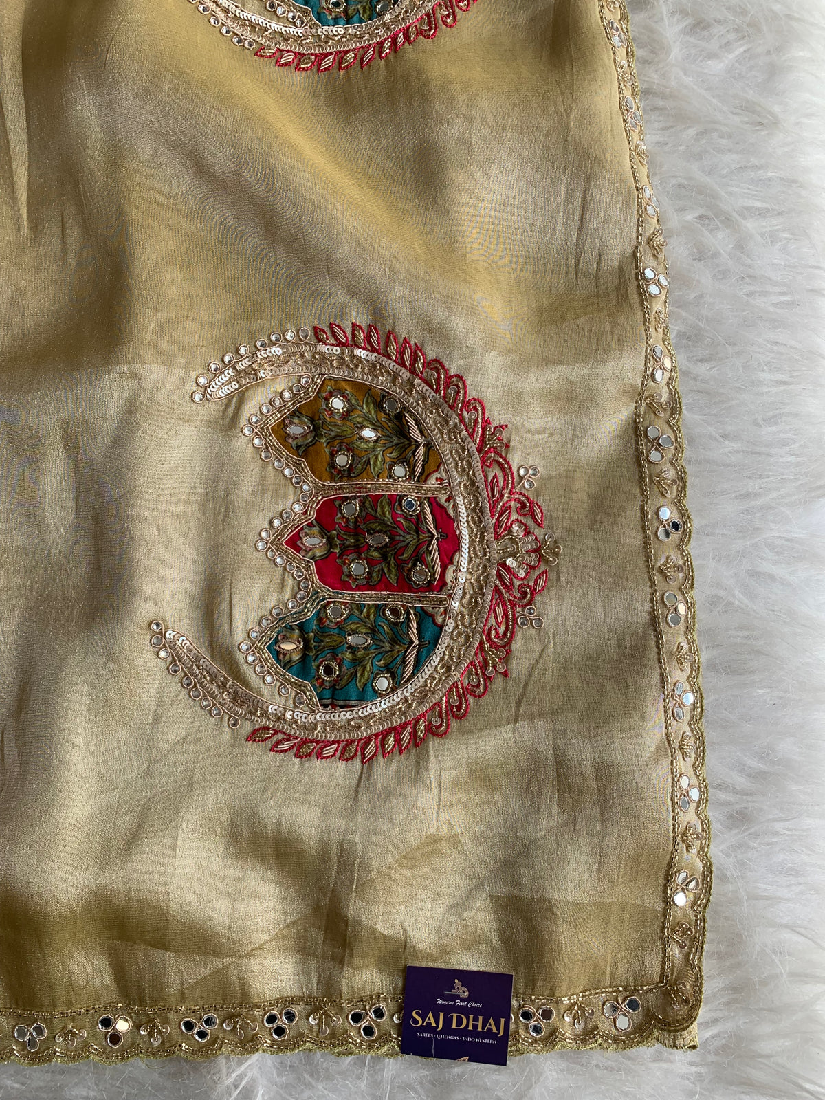 Gold Tissue Saree with Zardosi, Mirror, Appliqué & Cutdana Work 5927 01