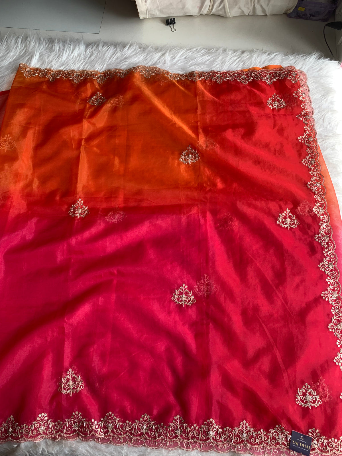 Red, Orange & Pink Shaded Organza Saree with Aari & Zardosi Work 5902 12
