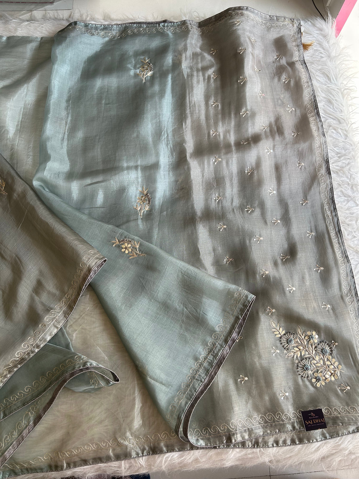 Blue & Grey Shaded Kora Silk Saree 5919 09