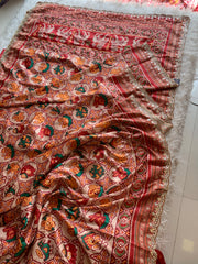 Red Patola Silk Saree with Animal Motifs & Mirror Work 5932 01