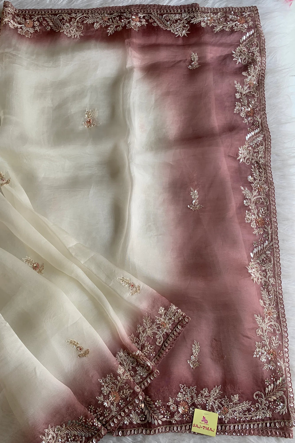 White & Brown Designer Organza Saree 5659 07