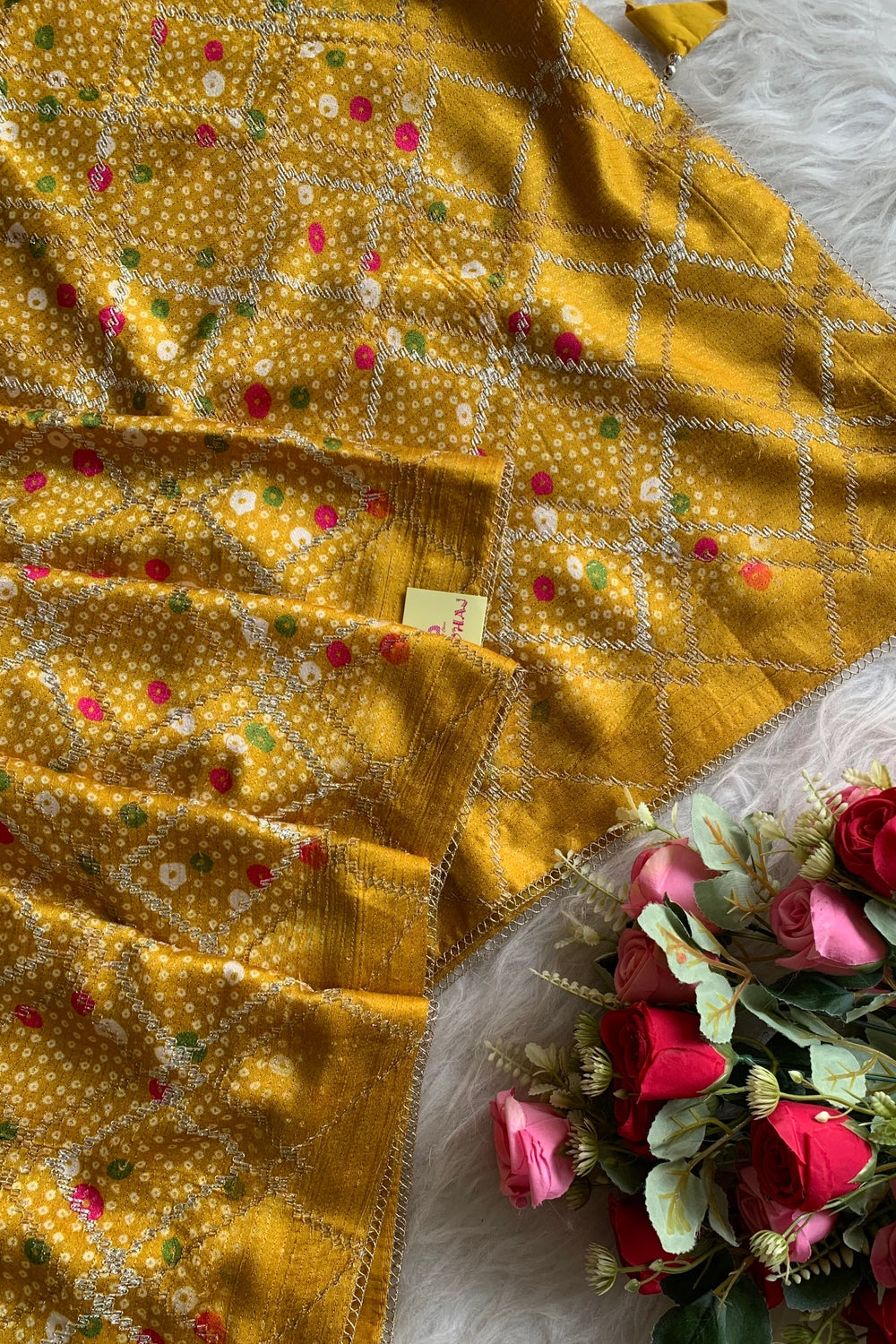 Yellow Printed Bandhej Modal Silk Saree with Lampi Gota 5274 03