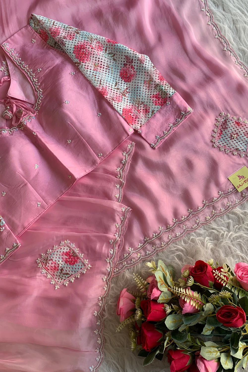 Baby Pink Crochet Designed Habutai Silk Saree 5367 01