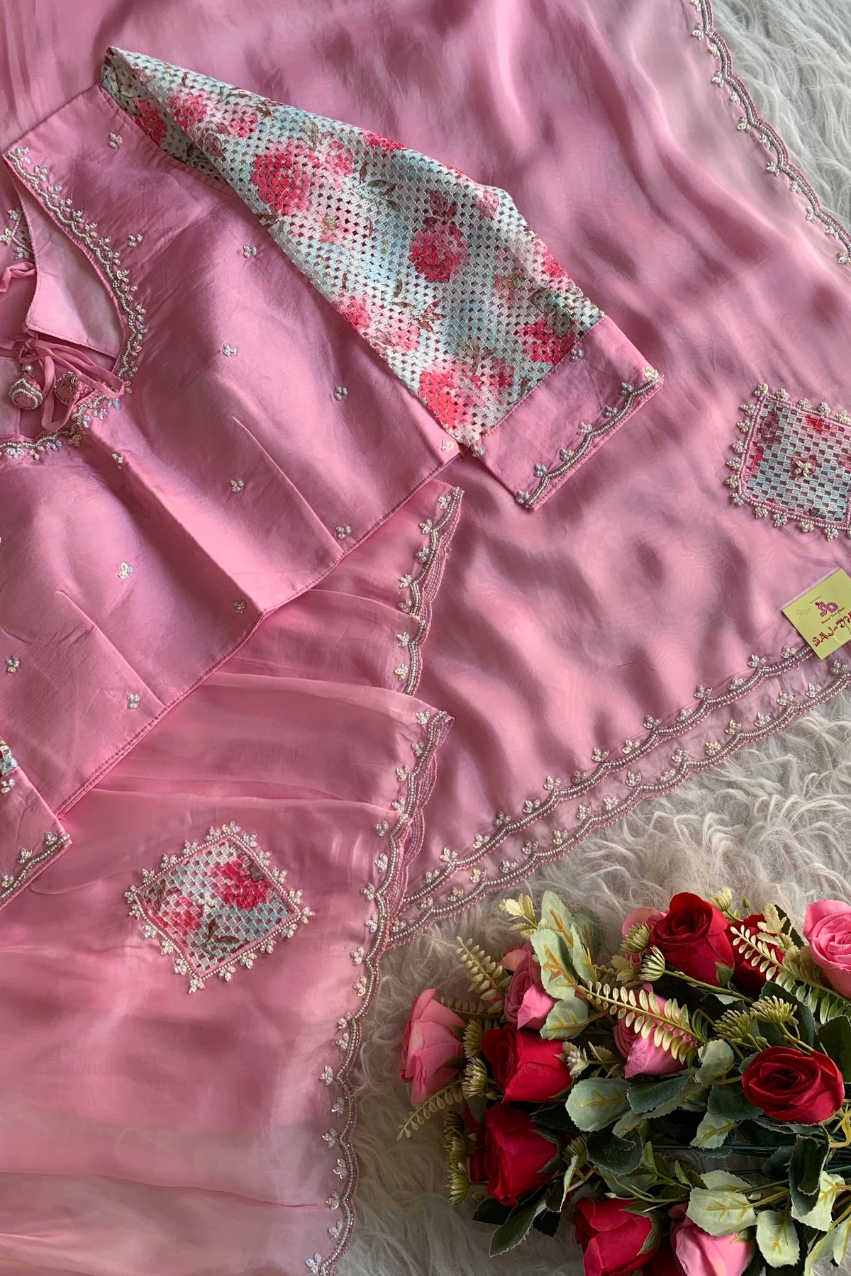 Baby Pink Crochet Designed Habutai Silk Saree 5367 01