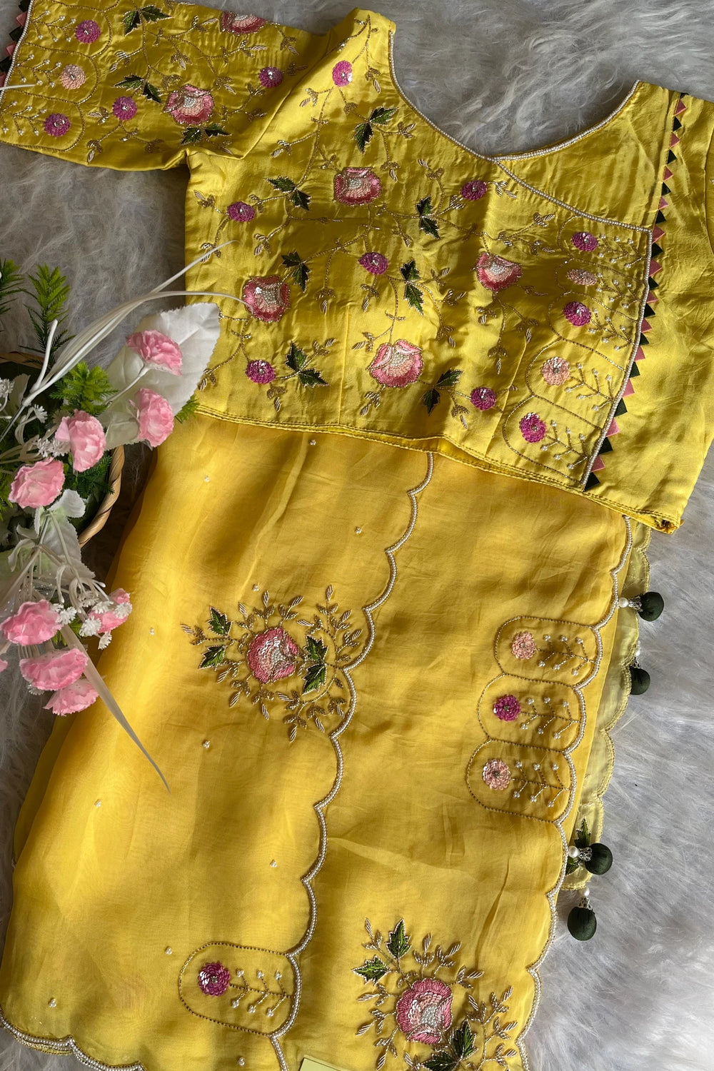 Lemon Organza Saree with Cutdana & Zardosi Work- Pre Stitched Designer Blouse 5359 15