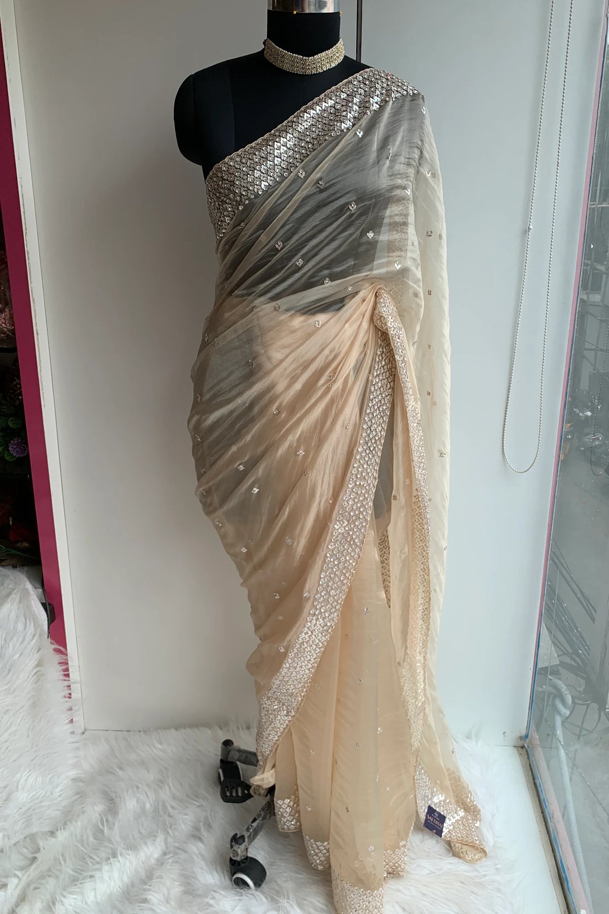 Champagne Gold Embellished Butter Organza Saree 5847 01