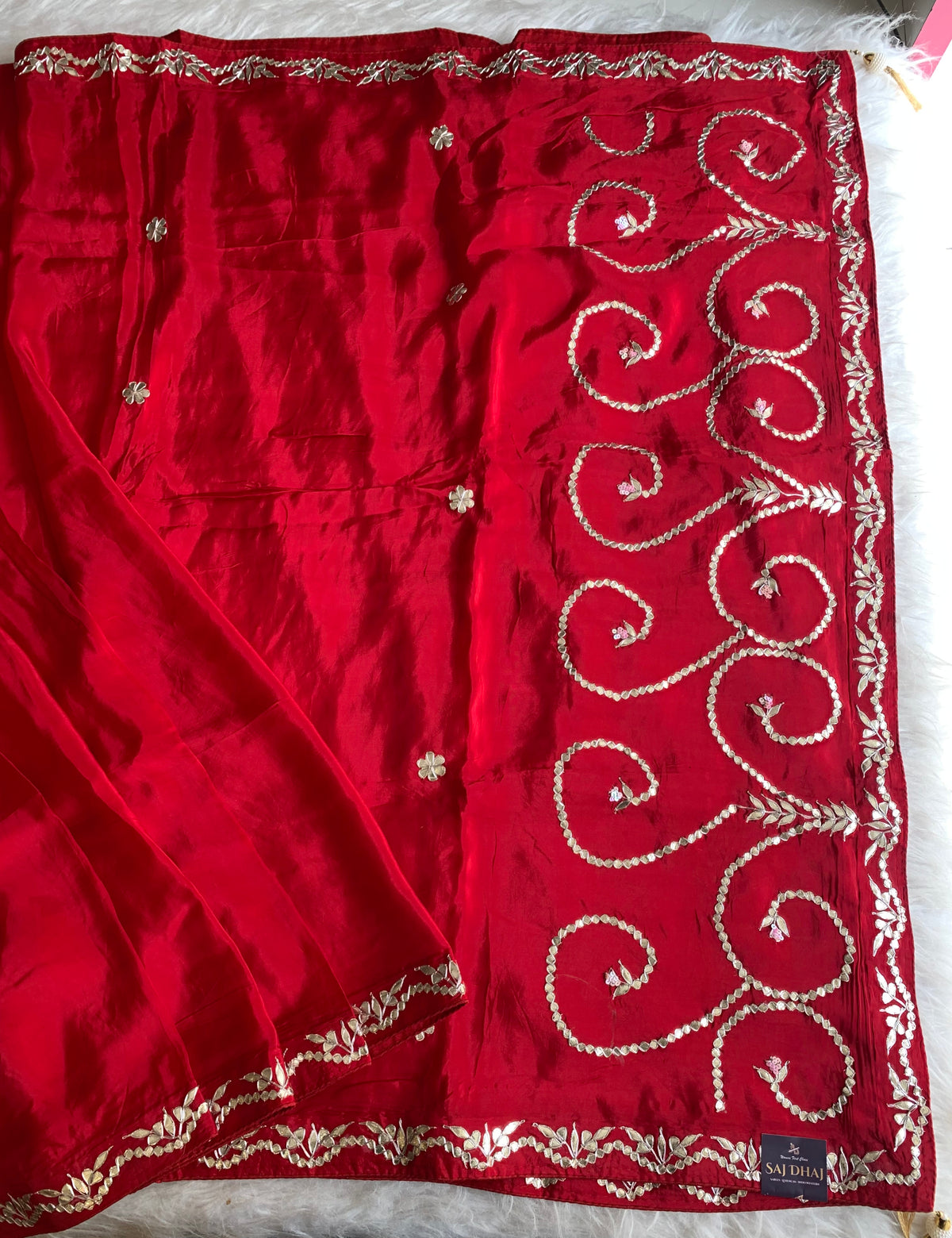 Red Habutai Silk Saree with Gota Patti & Sequin 5871 07