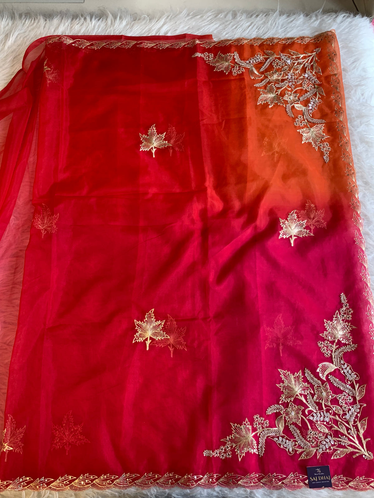 Pink, Red & Orange Organza Saree with Aari Leaf Border 5902 13