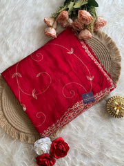 Blood Red Habutai Silk Saree with All-Over Jaal Embroidery 5902 01