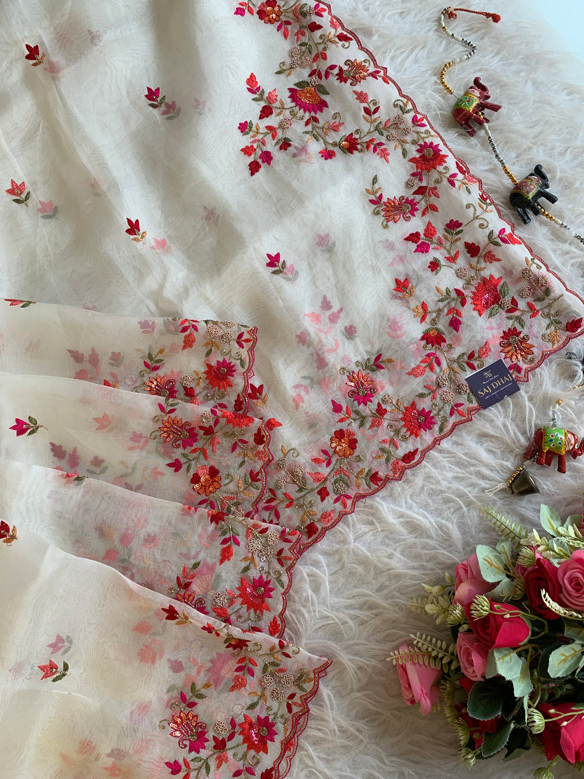 White Pure Kora Organza Saree with Colorful Floral Thread Work 5902 10